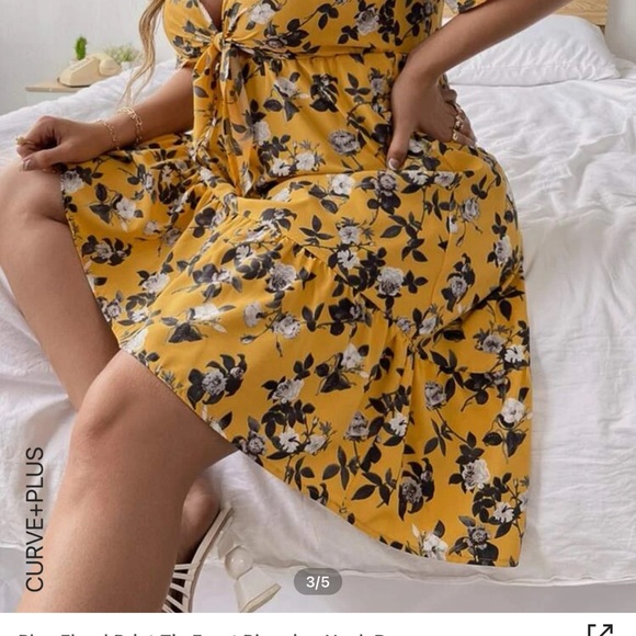 Plus Floral Print Tie Front Plunging Neck Dress - Picture 3 of 4